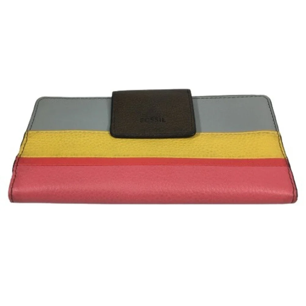 FOSSIL Colorblock Leather Wallet Credit Card Clutch Gray Peach Red & Yellow